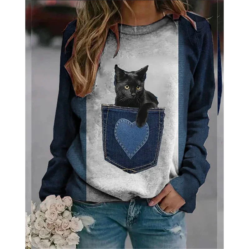 

Red Cat Print Streetshirt Women Oversized Loose Vintage O Neck Casual Pullover Tops Long Sleeve Fashion Clothes 2021 Spring Fall
