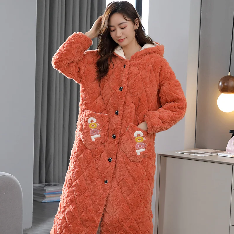 Solid Lovely Thicken Nightgowns Winter Bathrobe Women Pajamas Bath Flannel Warm Robe Sleepwear Female Robes Coral Velvet