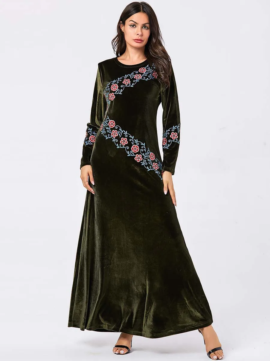 Женское бархатное платье трапеция с цветочной вышивкой|Мусульманская одежда| |