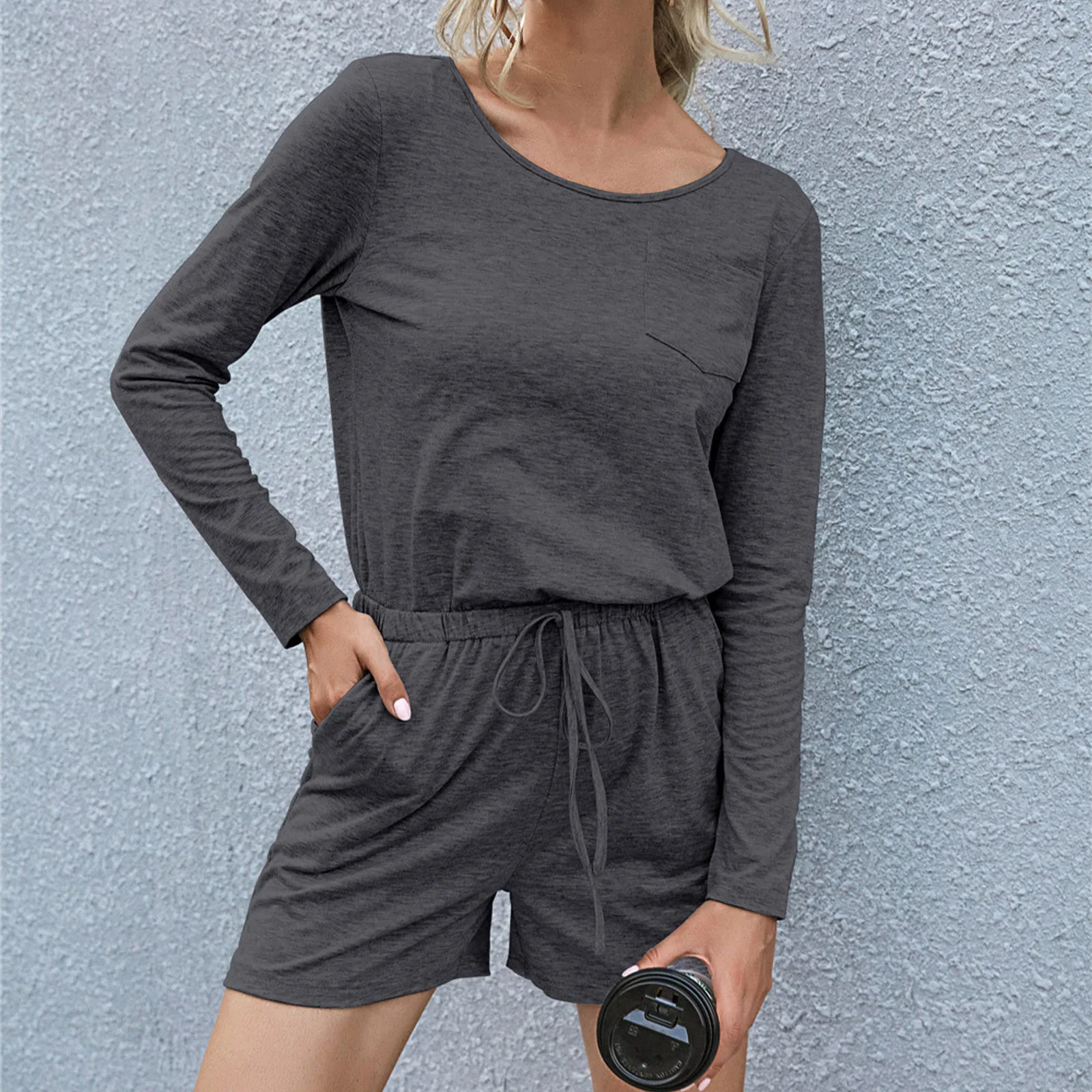 

Casual Solid Color Woman's Short Sets Round Neck Long Sleeve Tops +with Pocket Shorts Comfortable Sports Loose Woman Suit#4