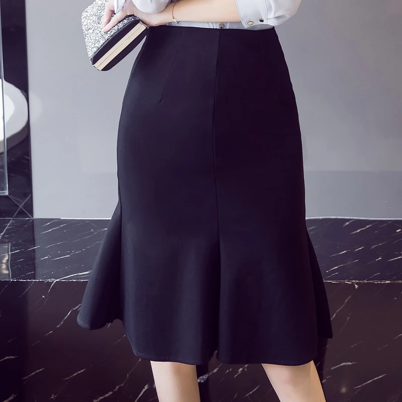 

Plus Size 2022 New Women Skirts Casual High Waist Elastic Fabric Slim Pencil Skirt Fashion Ruffles Elegant Office Lady Skirt