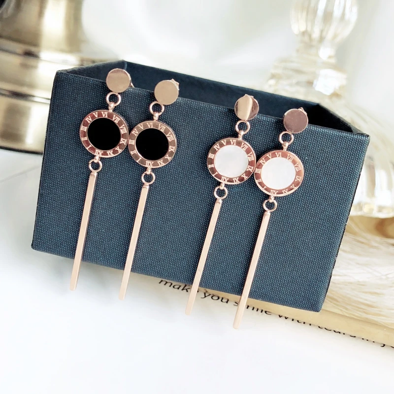 

YUN RUO Rose Gold Color Pave Shell Roman Numerals Stud Earring Ear Clip Titanium Steel Fashion Jewelry Birthday Gift Never Fade