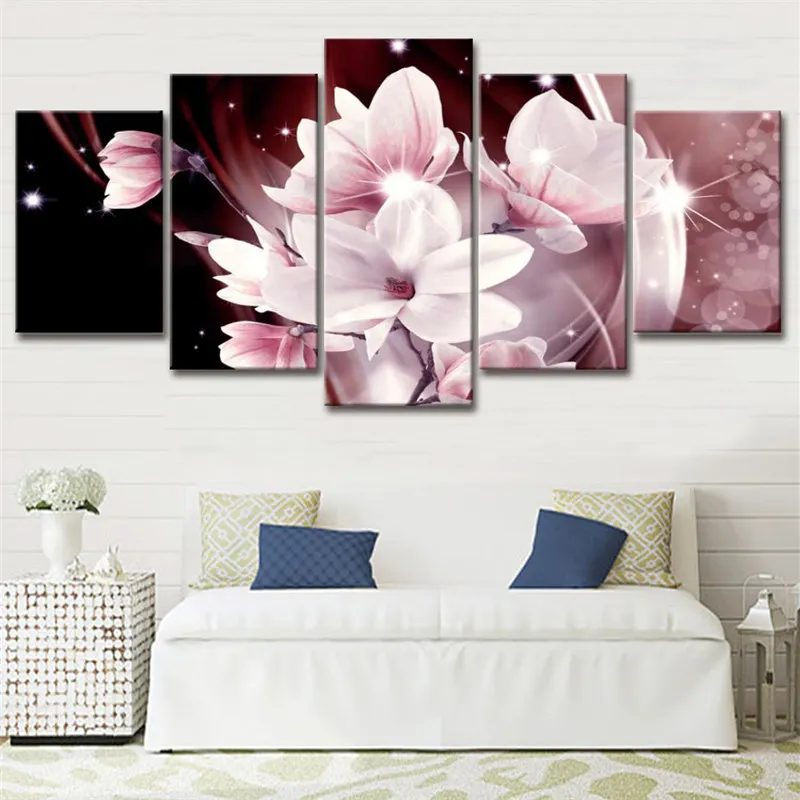 

Modern Painting Canvas 5 Panels Beautiful Magnolia Printed Wall Art Exquisite Background Pictures for Living Room Wall Decor