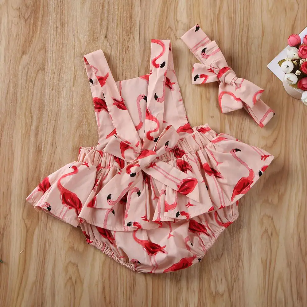 

0-24M New 2PCS Newborn Baby Girl Clothes Print Cotton Jumpsuit Bodysuit Outfit Ruffled Flamingo Sunsuit