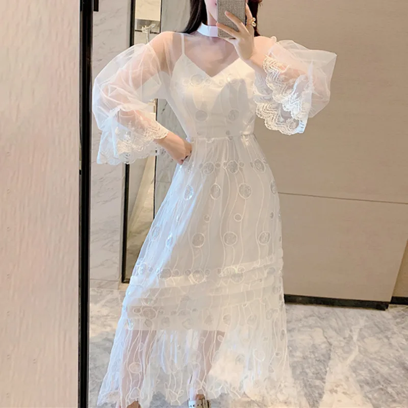 

2021 Spring Autumn Fashion Runway Holiday Elegant Dress Women High Waist Long sleeve O-neck White Mesh Sequin Embroidery Dress