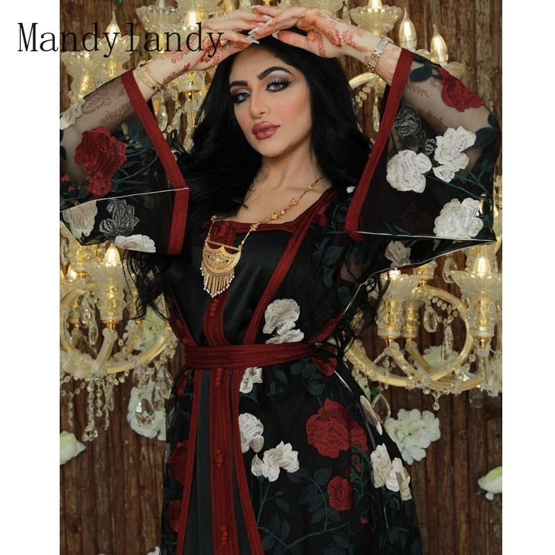 

Mandylandy, Средний Восток, мусульманское платье для женщин, Дубай, полностью закрытый вышитый кружевной халат, сетчатый кружевной комплект из 2 ...
