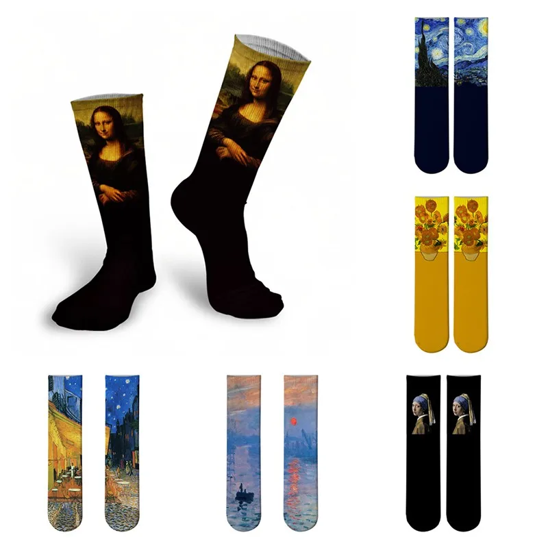 Mona Lisa Retro Printed Art Socks For Unisex Fashion Funny Famous Painting Long Socks Van Gogh Starry Night Women Cotton Socks