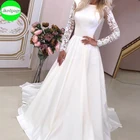 Простой свадебное платье-бохо, Vestidos De Noiva, с длинным рукавом, с сатиновой кружевной аппликацией, темно-синего цвета, Robe De Mariage линии Boda невесты Trouwjurk 2021