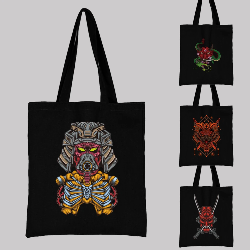

New Woman Black Shopping Bag Casual Canvas Large Capacity Reusable Japanese Monster Pattern Printed Shoulder Bag Student Handbag