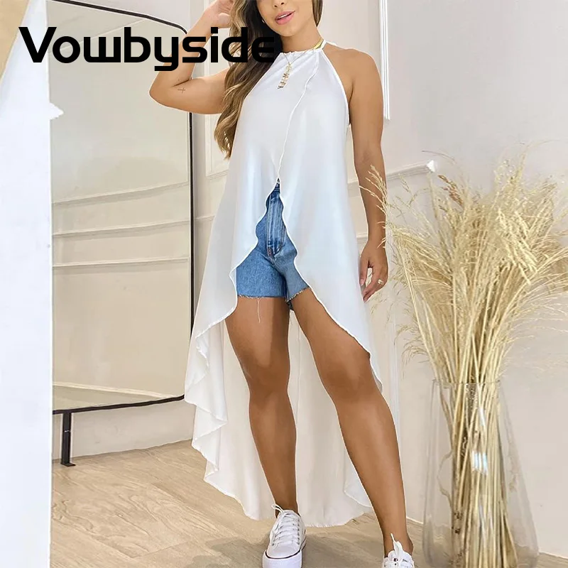 

Wave Ham Asymmetrical Short Front Long Back Plain Blouse Tops Women