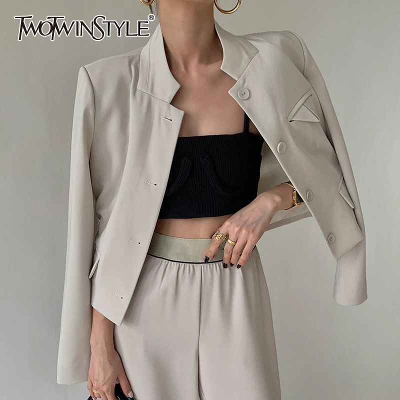 

TWOTWINSTYLE Solid Color Blazer Coats For Female Stand Collar Long Sleeve High Waist Slimming Cropped Women's Coat Fashion New