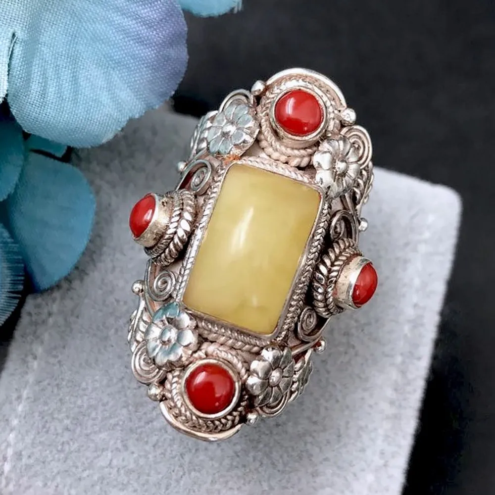

New S925 pure silver handmade natural beeswax organic gemstones women ring Tibetan vintage jewelry