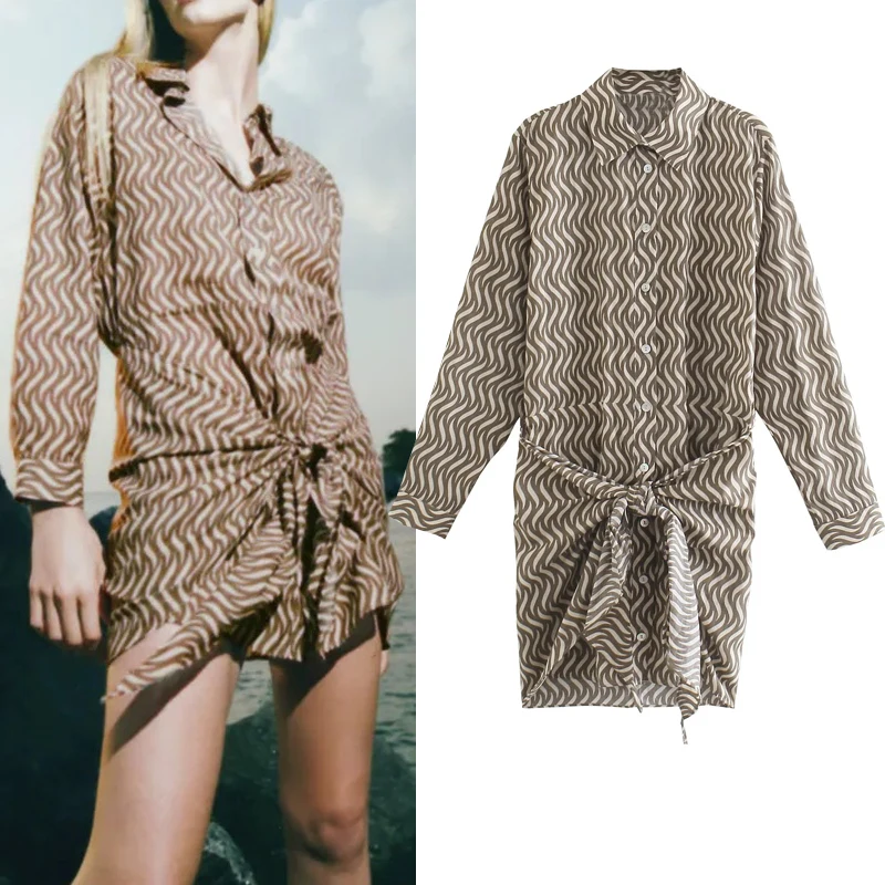 

Za Women Knot Short Woman Dresses 2021 Vintage Print Mini Shirt Dress Woman Button Up Long Sleeve Casual Summer Dresses
