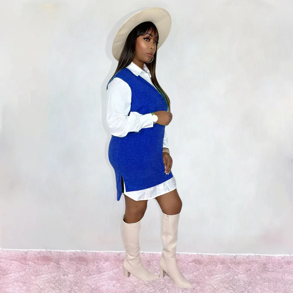 

Color Block Patchwork Casual Knitted Shirt Dress Autumn Sexy Turn Down Collar Long Sleeve Vestido Office Lady Party Club Dress