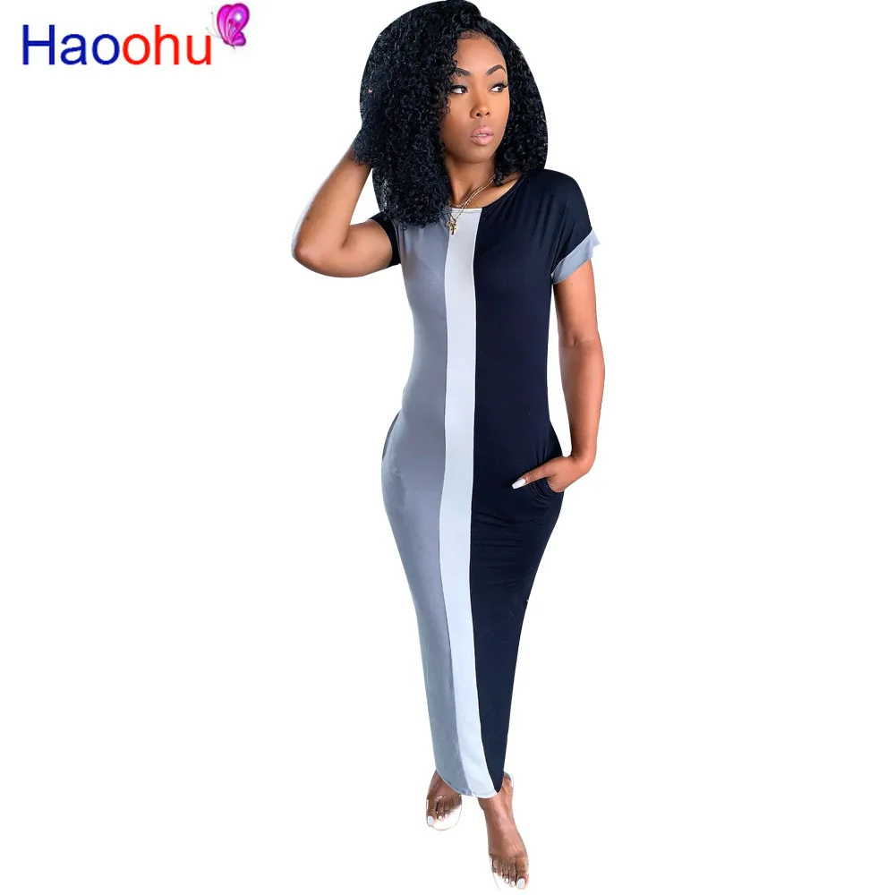 

Contrast Color Bodycon Dress for Women O Neck Short Sleeve Causal Dress Plus Size Ladies Long Dresses
