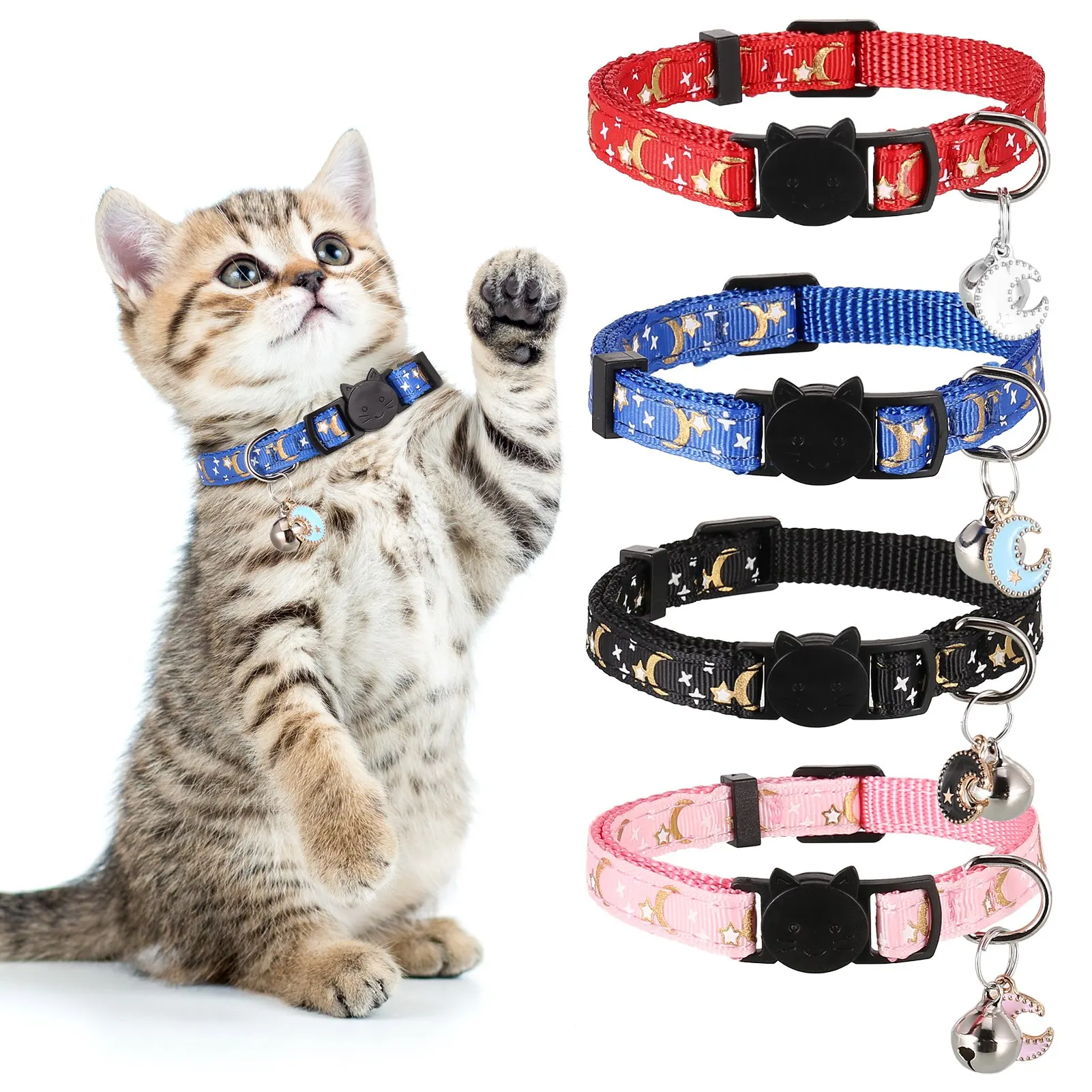 

4 Colors Cute Cat Collars Breakaway Star Moon Pet Cat Necklace Collars for Cats Adjustable Safety Kitten Collar with Bells