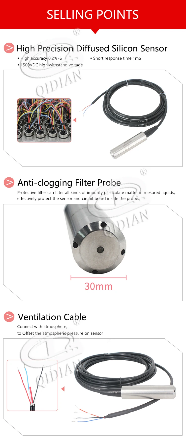 QDY30A 4-20mA diesel fuel oil tank level sensor hydrostatic submersible liquid water level transmitter