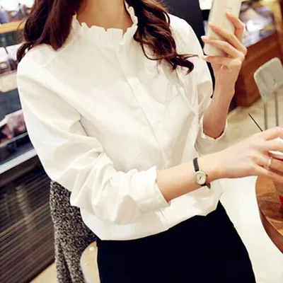 

Houthion New Long Sleeve Women's Blouses Splicing Fashion Top Lotus Leaf Collar Summer Korean Shirt Lady Blusas