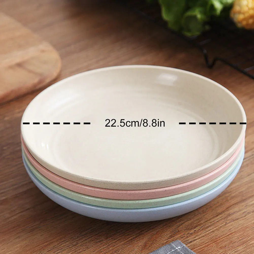 

4PCS 22.5CM Wheat Straw Plate Set Dishes Round Lightweight Unbreakable Dinner Plates Microwave Safe Dessert Home Picnic Salad