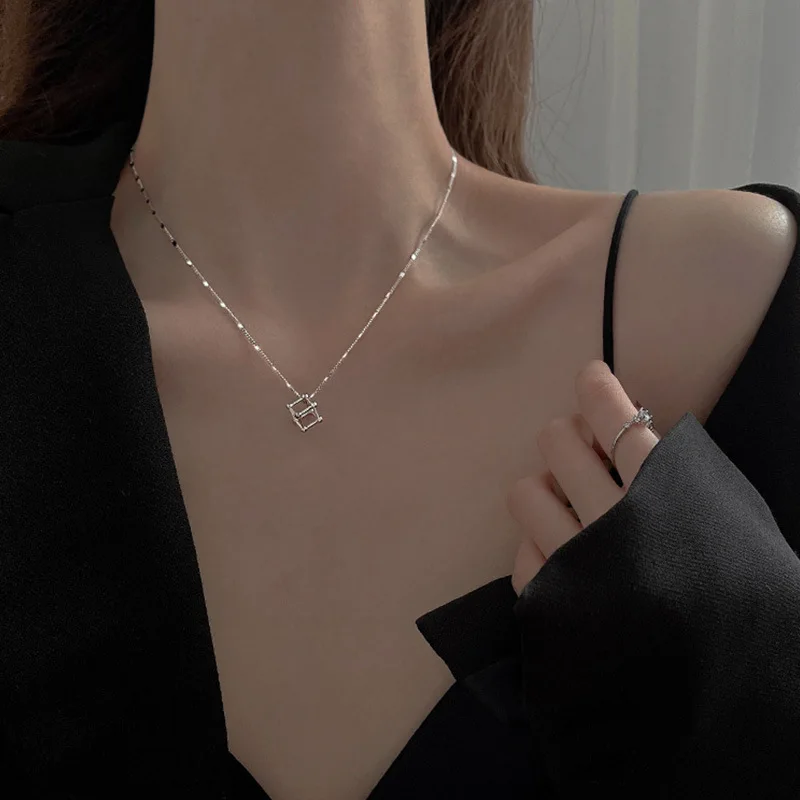 

925 Sterling Silver Link Chain Square Bead Charm Necklace For Women Party Wedding Jewelry Accessories Choker dz050