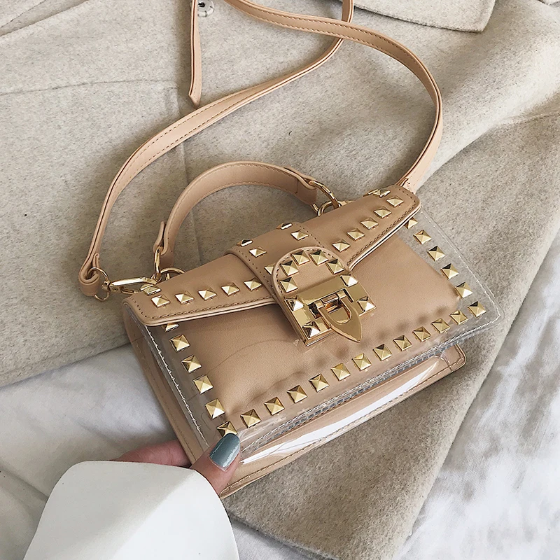 Цветные сумки женские через плечо с заклепками прозрачные из ПВХ на Женские