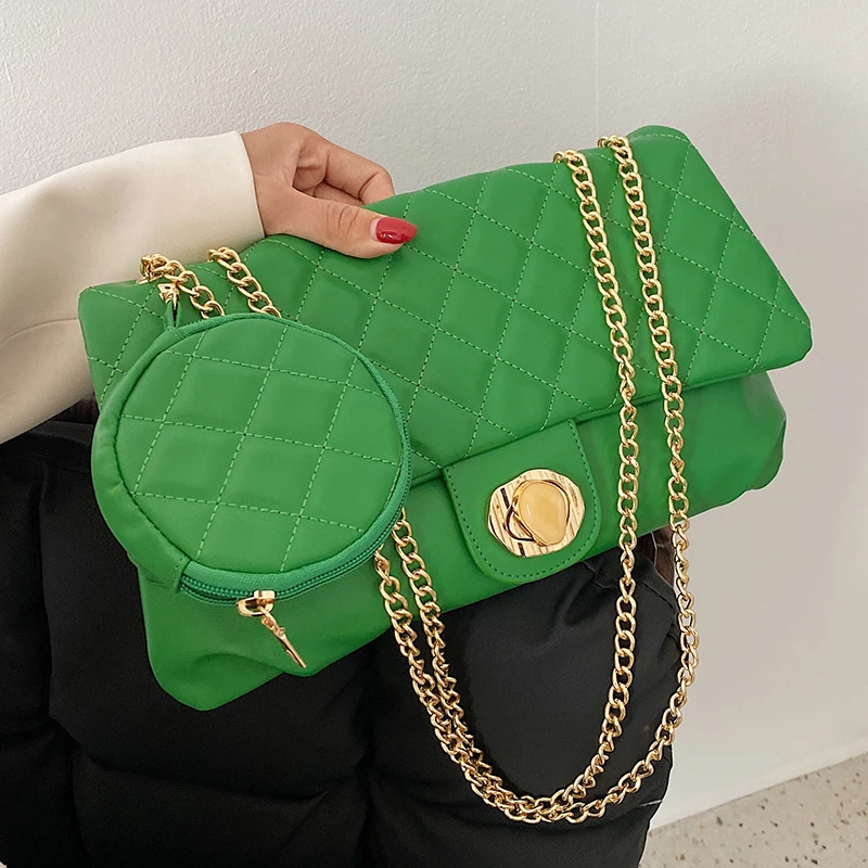 

Diamond Lattice Women Crossbody Bags 2PCS/SET Quilted Chain Shoulder Bag Female Lozenge Flap Wallet Messenger Bag Green Handbags