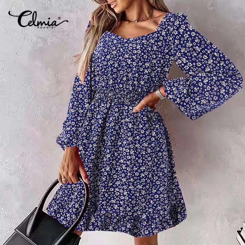 

Celmia Bohemian Sexy Square Collar Sundress Women Floral Print High Waist Mini Dress Flare Long Sleeve Party Elegant Dress Robe