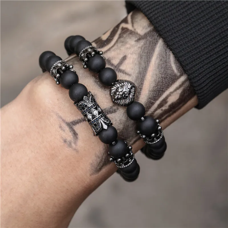 

Luxurious Pave CZ Lion Long Tube Crown Charm Couple Bracelet Fashion 8mm Black Matte Beaded Bracelet Sets For Men Jewelry Gift