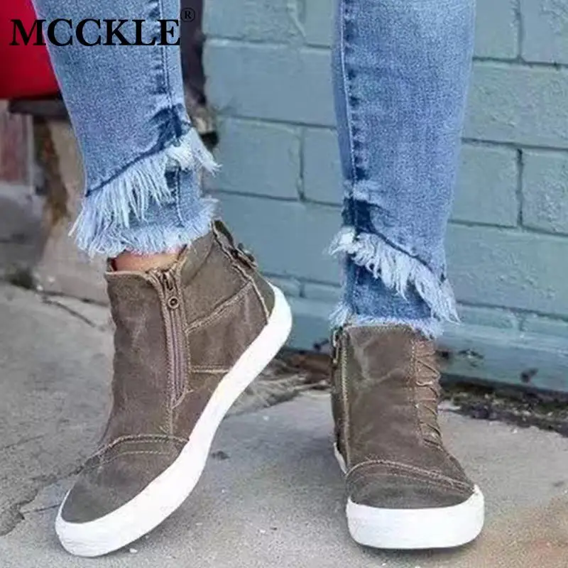 MCCKLE; женские парусиновые кроссовки на молнии; женская обувь; прошитая обувь на плоской подошве; женская повседневная обувь на вулканизированной платформе; большие размеры