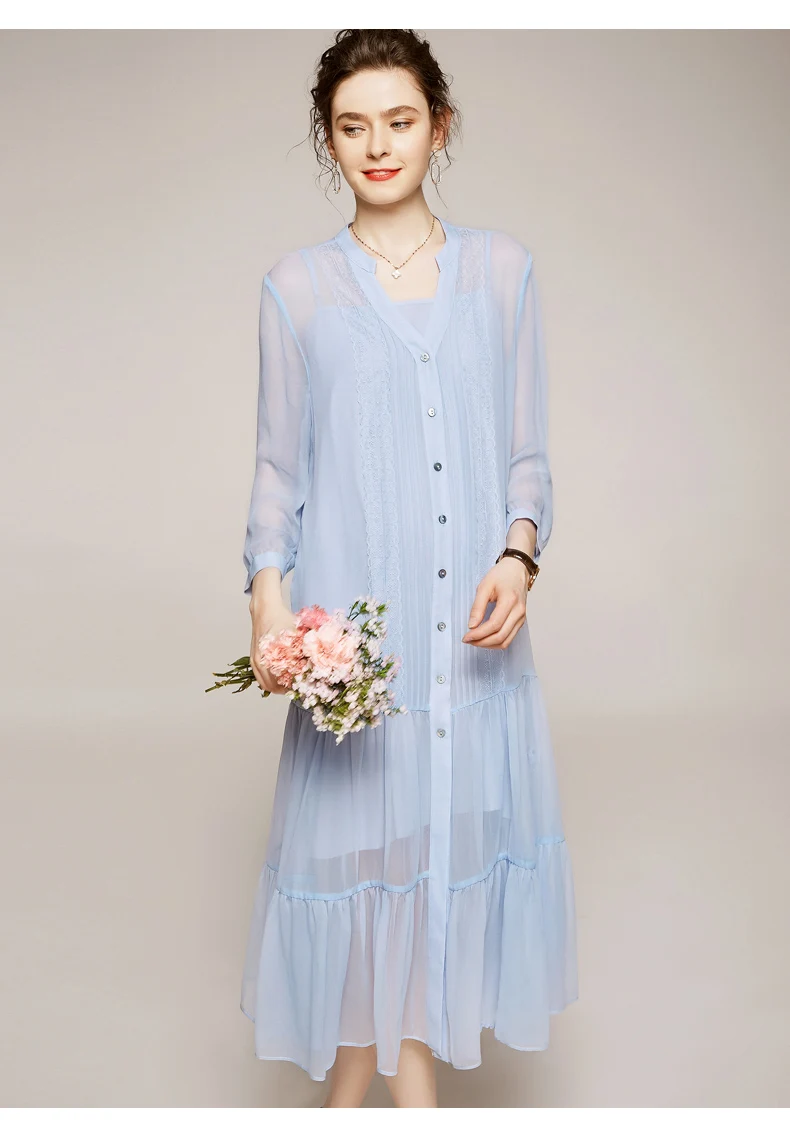 

100% Silk Women's Mid Calf Dresses Sexy V Neck 3/4 Sleeves Embroidery Lace Patchwork Fashion Casual Designer Dresses