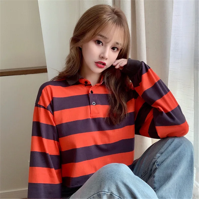 

2020 Shirt Women Sweatshirt Long Sleeve Green Red Ladies Hoodies with Button Striped Korean Style Sweatshirt Women