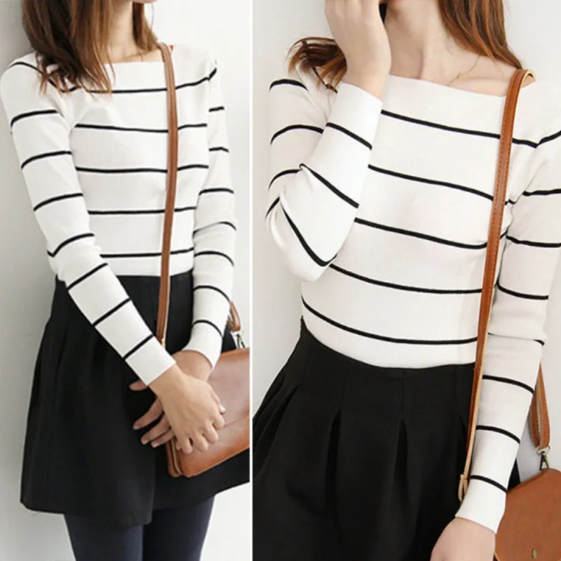 Slim Sweet Top Pull Femme Knitted Sweater Women Long Sleeve Korean Striped Tight Jumper Sweaters | Женская одежда