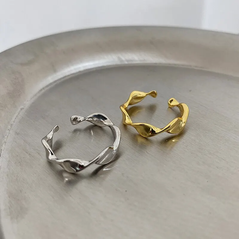 

A00923 925 Sterling Silver Korean Simple Wave Twist Open Ring for Fashion Women Punk Gothic Party Jewelry Accessories
