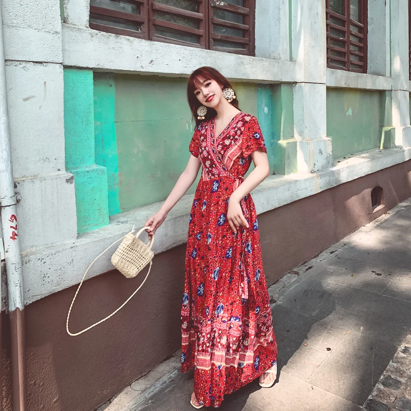 

Summer Runway Ethnic Boho Long Elegant Casual Vacation Beach Dress White Burgundy Green 4 Colors Maxi Chiffon Floral Women Dress