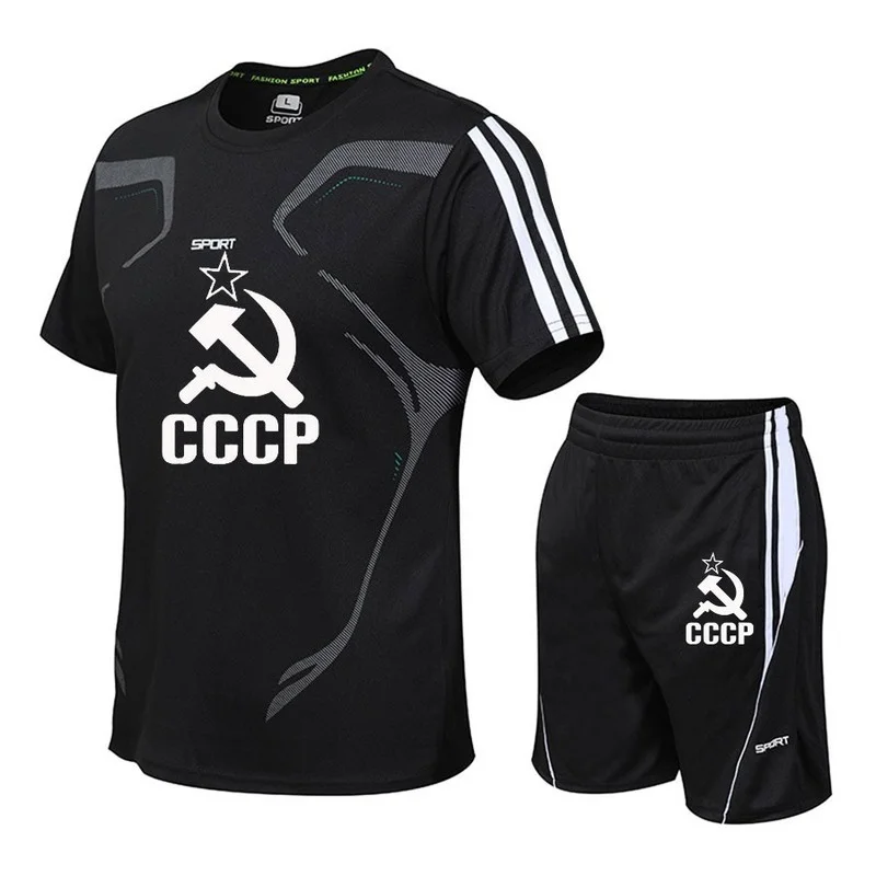 

2021 New CCCP USSR Men woman T-Shirts Sports Suit Fitness Quick Dry Casual Running Suit Summer Short Sleeve Shorts 2 Pieces Set