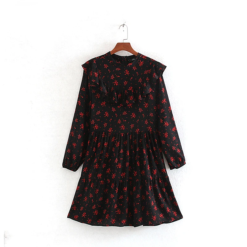 Женское платье с длинным рукавом круглым вырезом и оборками осень 2019 | Женская