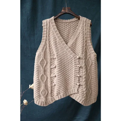 

Retro Clothing Art Loose Coil Button Double Knitted Twisted Sweater Vest Female V-neck Ladies Coat With Amy Green And Khaki