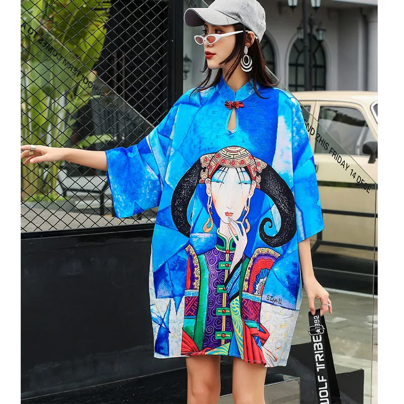 

2021 New Chinese Style Women T Shirt Digital Printing Fashion Lady Ropa Plus Size Mujer Cheongsam Type Meduim Oversized Tees