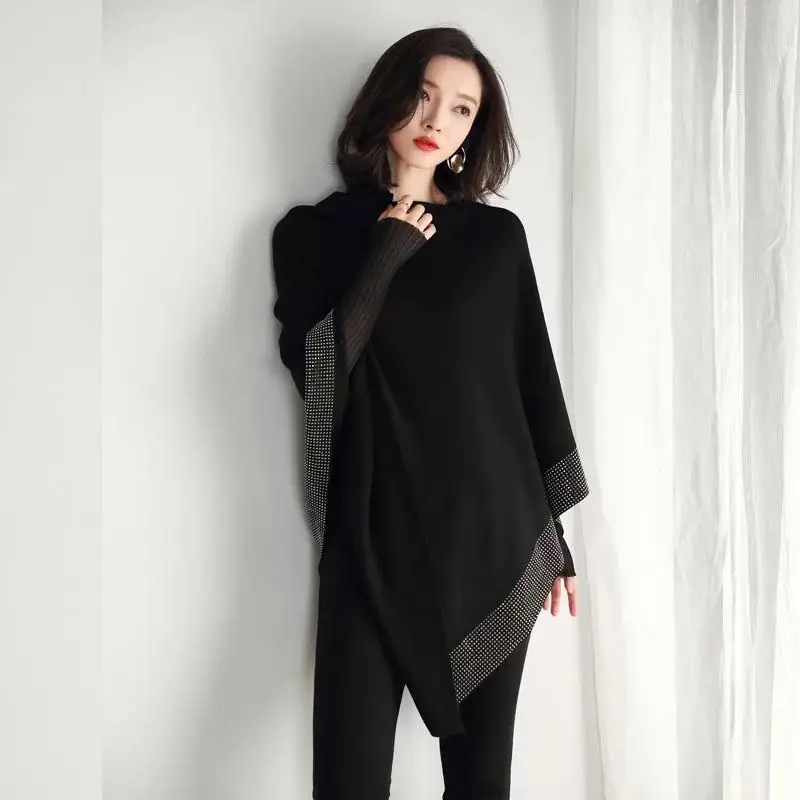 2021 Spring Autumn New Diamond High Quality Soild Knitted Retro Cape Coat Loose Bat Sleeve Sweater Temperament Women Poncho |