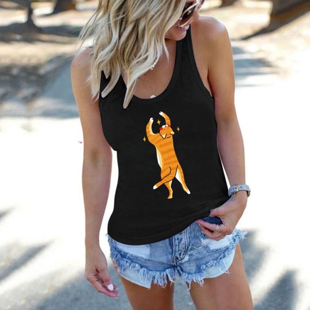 

Топы, повседневные майки в стиле Харадзюку для женщин, женские майки с забавным принтом кота, Женская майка без рукавов, одежда из искусстве...