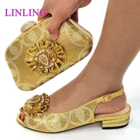 african fashion italian design colorful crystal style women shoes and bag set with streamer modeling in golden color for party