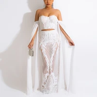 sexy white sequined 2 pieces clothes sets crop tops long skirts bodycon fashion elegant evening night club matching sets hot