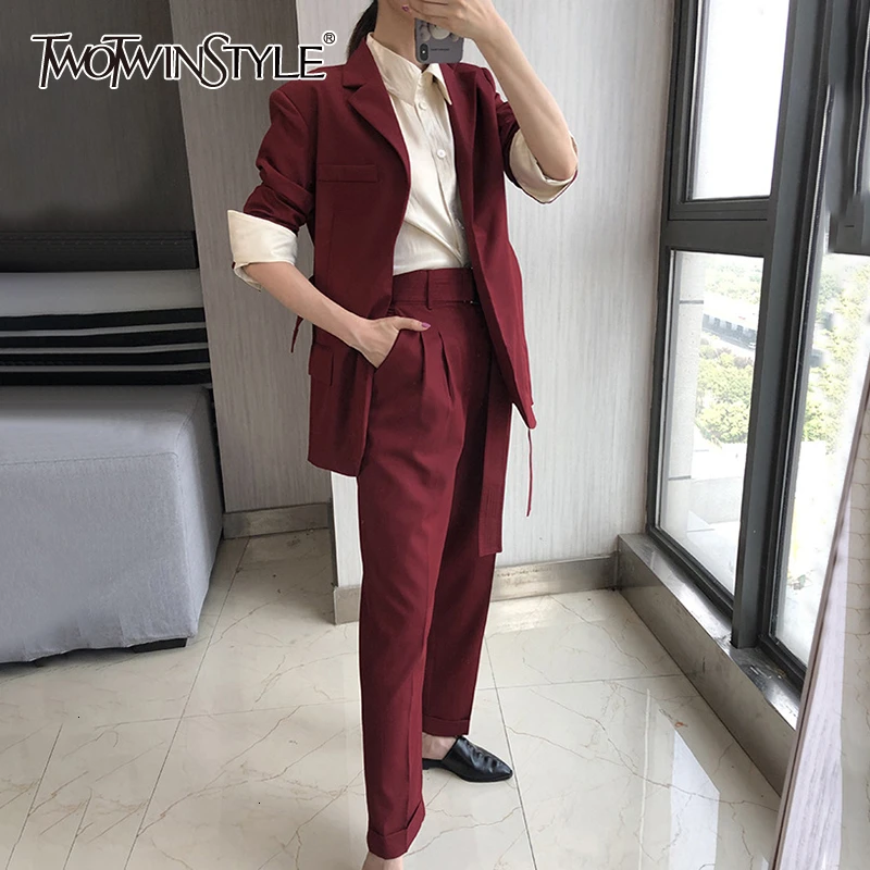 TWOTWINSTYLE Элегантный комплект из двух предметов женский воротник с лацканами длинный рукав на шнуровке хит цвет блейзеры Высокая талия с поясом костюмы женские