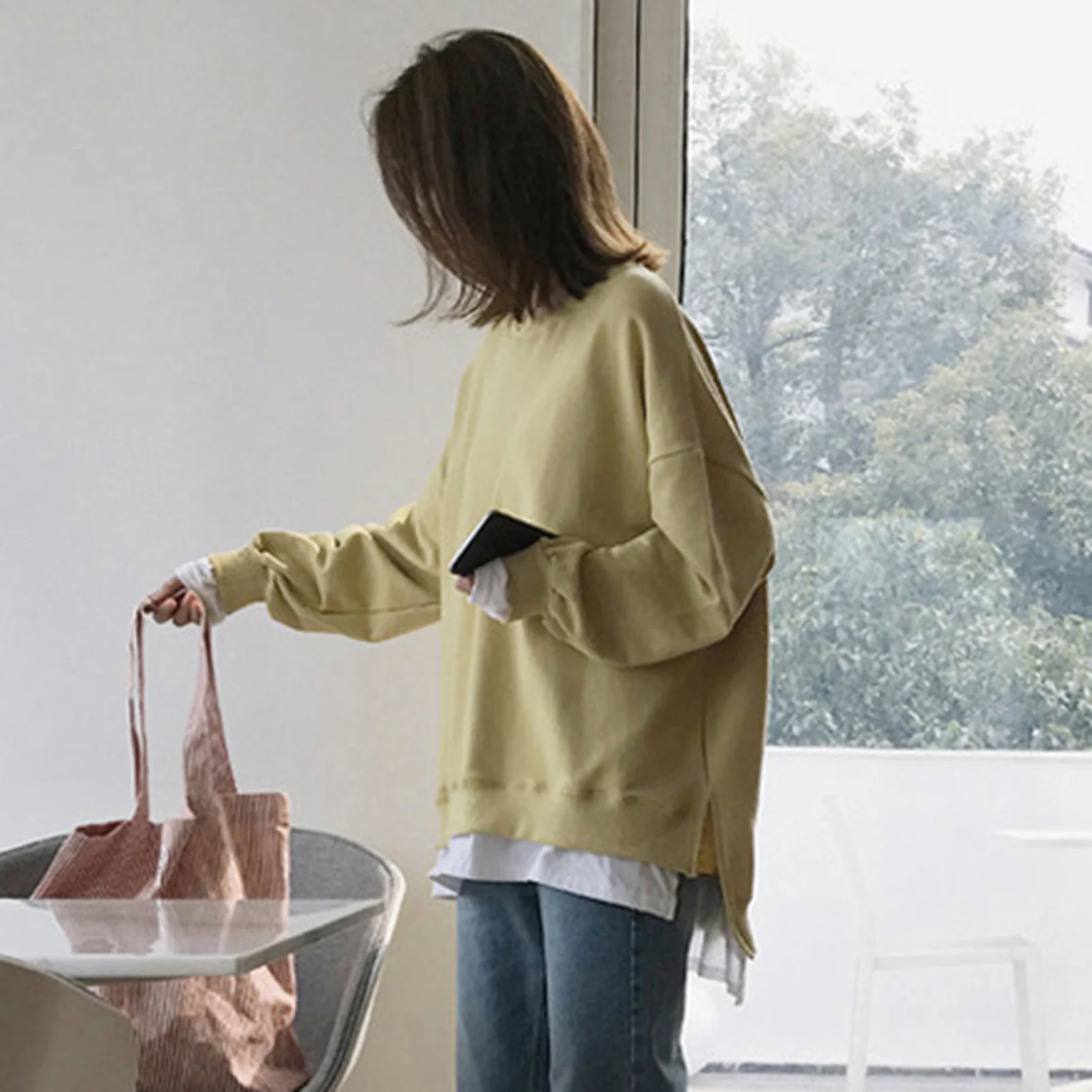 

Women Autumn Long Sleeve Fake Two Piece Plush Sweatshirt Split Hem Blouse Top
