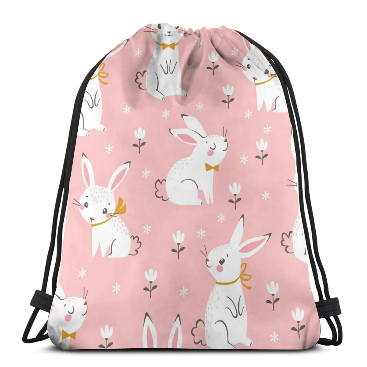 

New beam mouth backpack Drawstring Drawstring Cute White Bunnies On Pink Floral bag Unisex fashion bag
