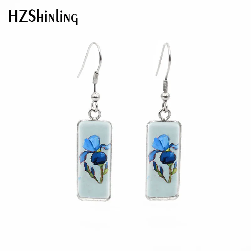 Серьги Крючки с синим радужным узором прямоугольные серьги цветком стеклянные