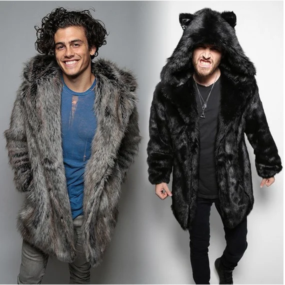 

Новая мужская куртка, модная меховая куртка, Модное Длинное меховое пальто, повседневная куртка с капюшоном, зимний теплый длинный Тренч, Му...