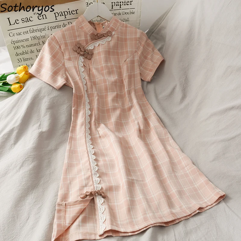 

Short Sleeve Plaid Lace Dress Women Vintage Chinese Style Sweet Stand Collar Slim Qipao Fashion Empire Temperament Vestido Mujer