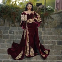 vintage burgundy mermaid formal evening dresses for moroccan kaftan arabic dubai women detachable overskirt long flare sleeves