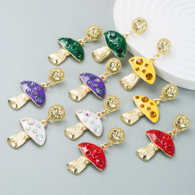 

Big Dangle Cute Multiple Color Sweet Drip Oil Rhinestone Mushroom Earrings for Women Gold Mushroom Plant Drop Earring Party Gift